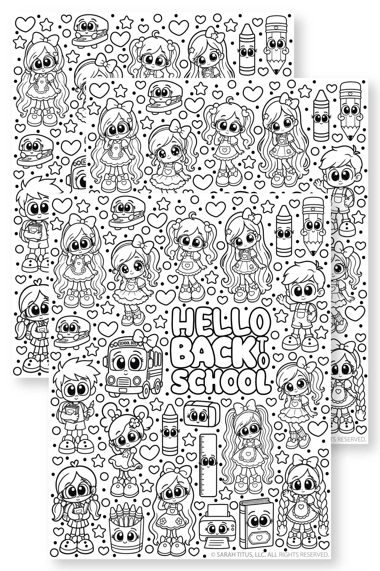 Stack of three free printable hello back to school coloring pages featuring kawaii students, a school bus, and classroom supplies for the first day of school.
