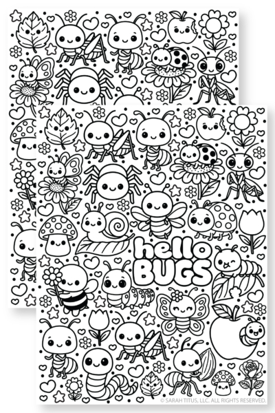 Free printable Hello Bugs coloring page featuring adorable kawaii insects, flowers, mushrooms, apples, hearts, and stars