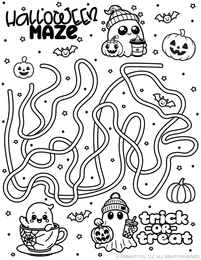 Free printable Halloween maze for kids with cute kawaii ghosts, pumpkins, bats, stars, and trick-or-treat coloring doodles