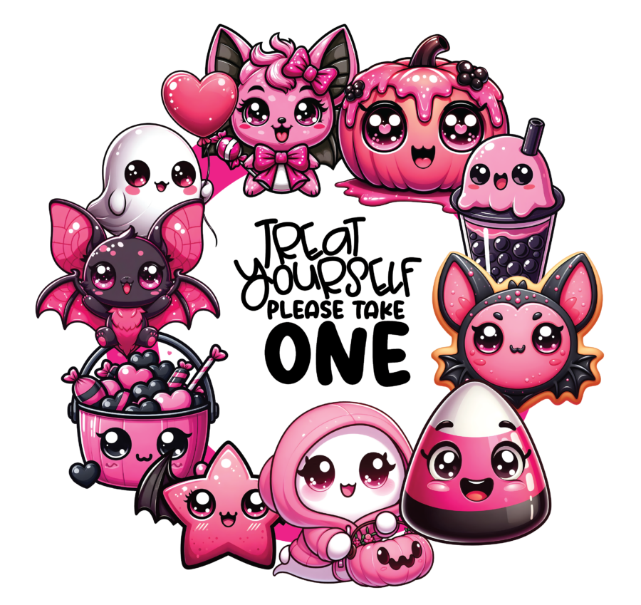 For Halloween Wreath Door Sign.jpg, it's a pink, black, and white kawaii-style Halloween wreath featuring cute bats, a melting pumpkin, ghosts, boba tea, candy corn, and a trick-or-treat bucket surrounding the central text "TREAT YOURSELF PLEASE TAKE ONE".