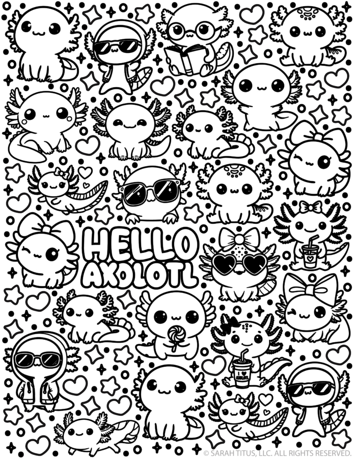 Free printable Hello Axolotl coloring page with cute kawaii axolotls wearing bows, sunglasses, glasses, and hoodies surrounded by hearts and stars.