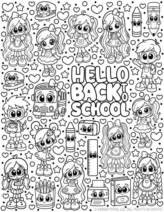 Free printable Hello Back to School coloring page with cute kawaii students, school bus, crayons, pencils, ruler, printer, hearts, and stars