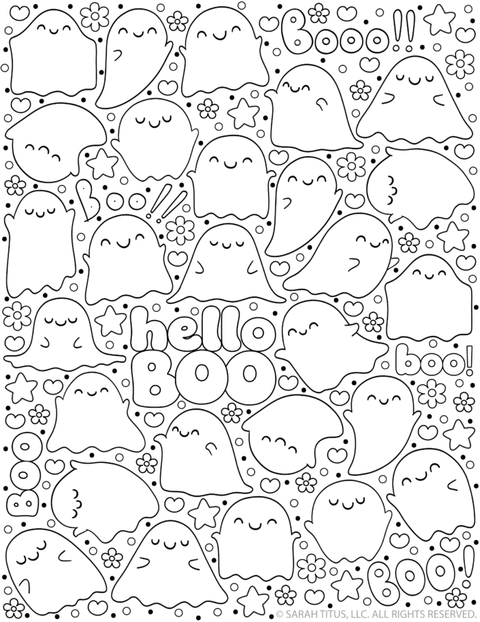 Cute free printable ghost coloring pages with kawaii ghosts, Hello Boo lettering, hearts, flowers, stars, and Halloween doodles