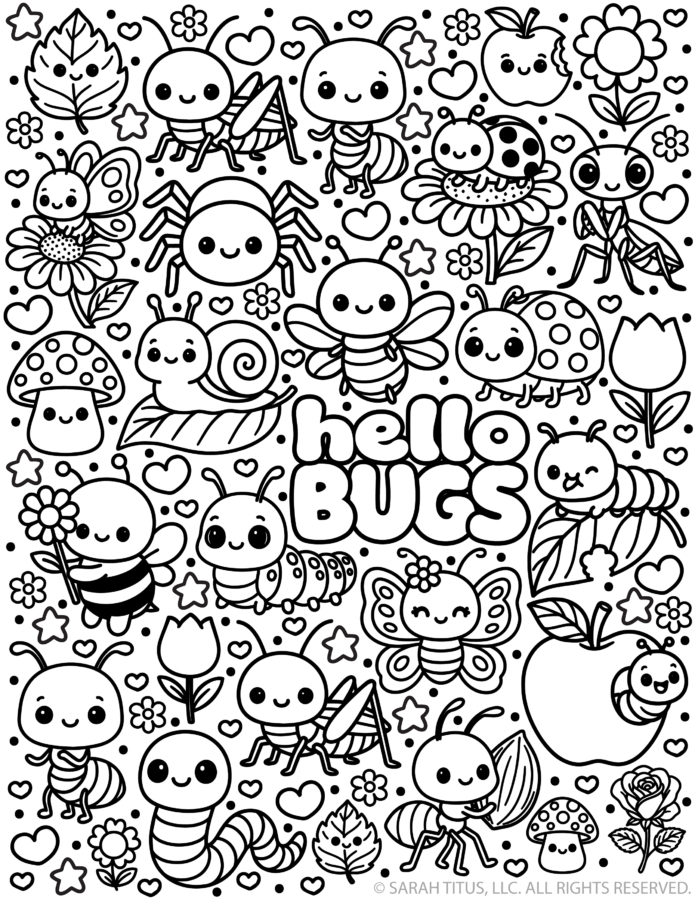 Black and white line art of various cute smiling insects like bees ladybugs caterpillars and butterflies surrounded by flowers and leaves with the words hello BUGS in the center