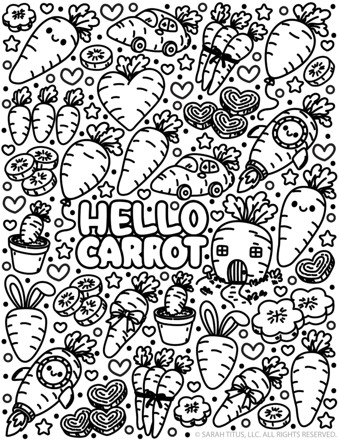 Kawaii Hello Carrot coloring page with smiling carrots, carrot cars, rockets, hearts, flowers, and carrot-shaped treats.