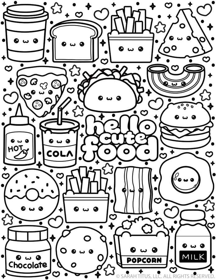 Cute kawaii food coloring page featuring smiling pizza, French fries, hamburger, taco, donut, coffee, toast, popcorn, bacon, fried egg, and other adorable food doodles with hearts and stars.