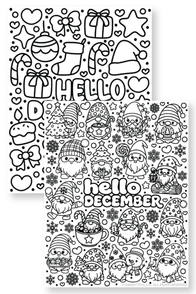 Two overlapping black and white Hello December printable coloring pages featuring illustrations of festive gnomes drinking hot cocoa holding cookies and surrounded by winter holiday elements like candy canes stockings presents ornaments and snowflakes.