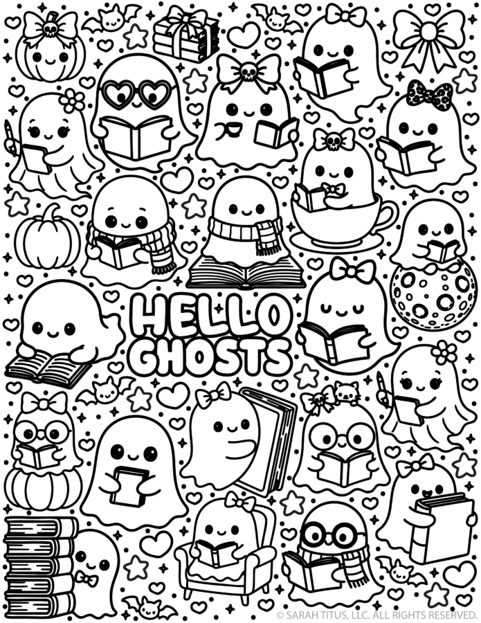 A detailed coloring sheet packed with cute ghosts reading books, holding pumpkins, and drinking coffee, with the words HELLO GHOSTS in the center.