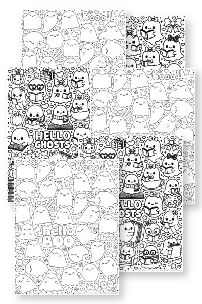 Free printable ghost coloring pages featuring Hello Ghosts and Hello Boo kawaii ghost coloring sheets for Halloween