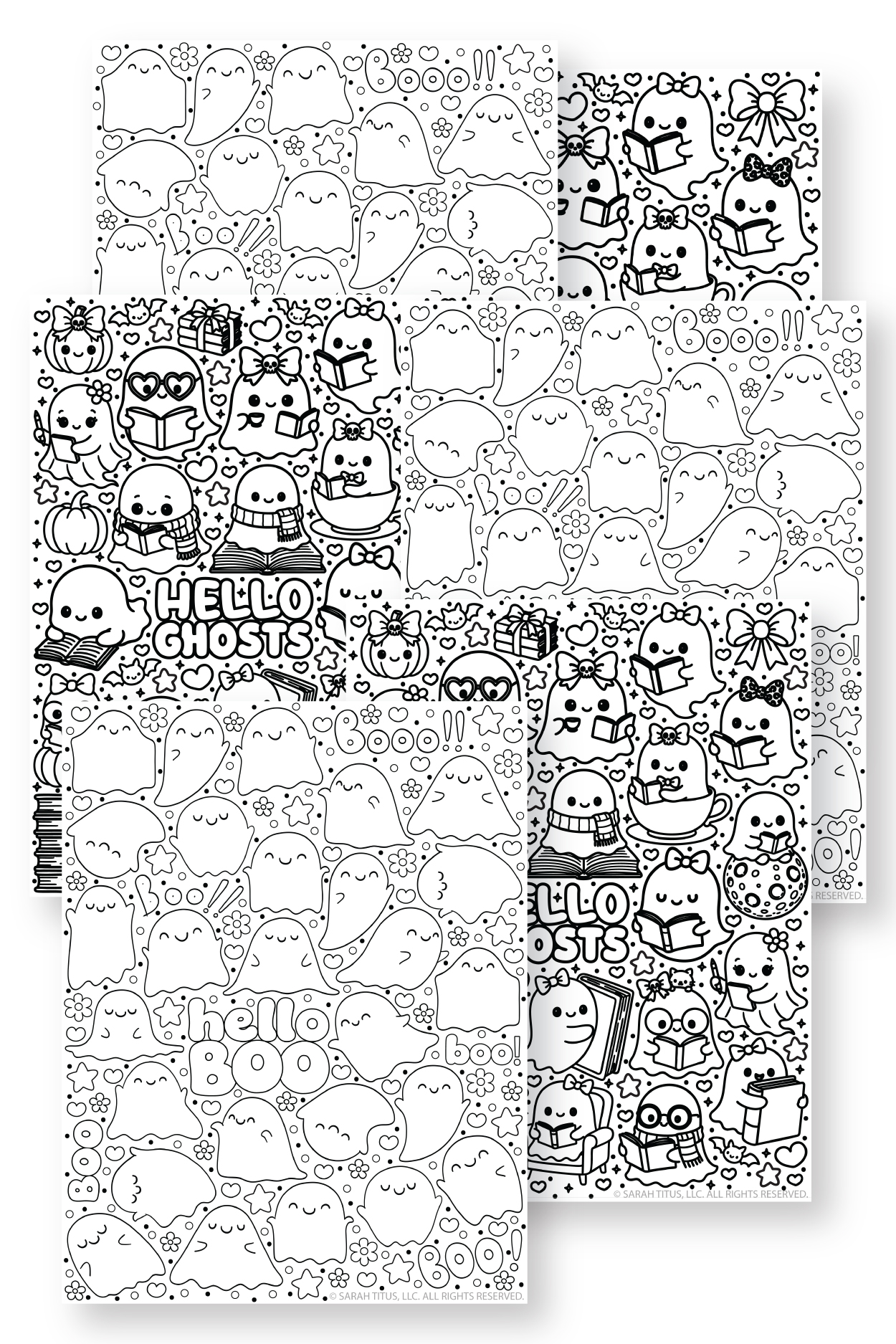 Free printable ghost coloring pages featuring Hello Ghosts and Hello Boo kawaii ghost coloring sheets for Halloween