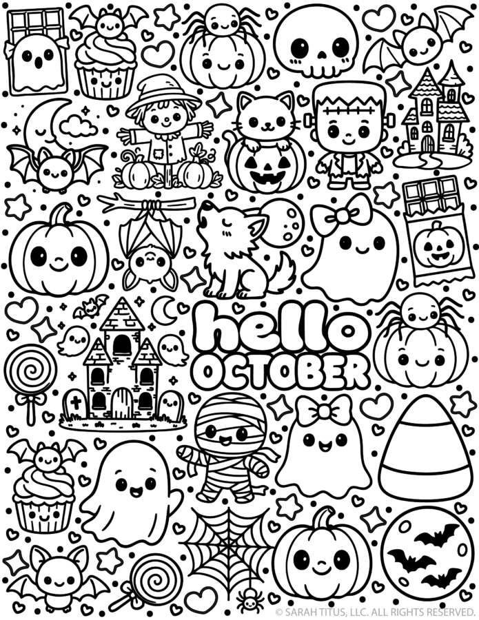 Hello October Coloring Page.jpg featuring a black and white kawaii Halloween design. The text hello OCTOBER is centered, surrounded by a dense doodle pattern of cute smiling ghosts, pumpkins, bats, spiders, haunted houses, candy corn, lollipops, cupcakes, a mummy, Frankenstein, a scarecrow, a wolf, and a cat.