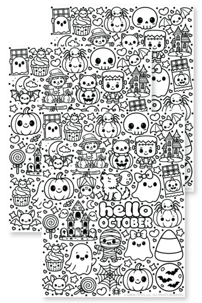 Black and white cute Halloween doodle coloring page featuring the text hello october surrounded by kawaii ghosts, pumpkins, bats, candy, skulls, and a haunted house.