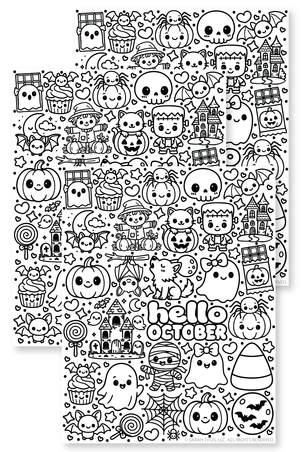 Black and white cute Halloween doodle coloring page featuring the text hello october surrounded by kawaii ghosts, pumpkins, bats, candy, skulls, and a haunted house.