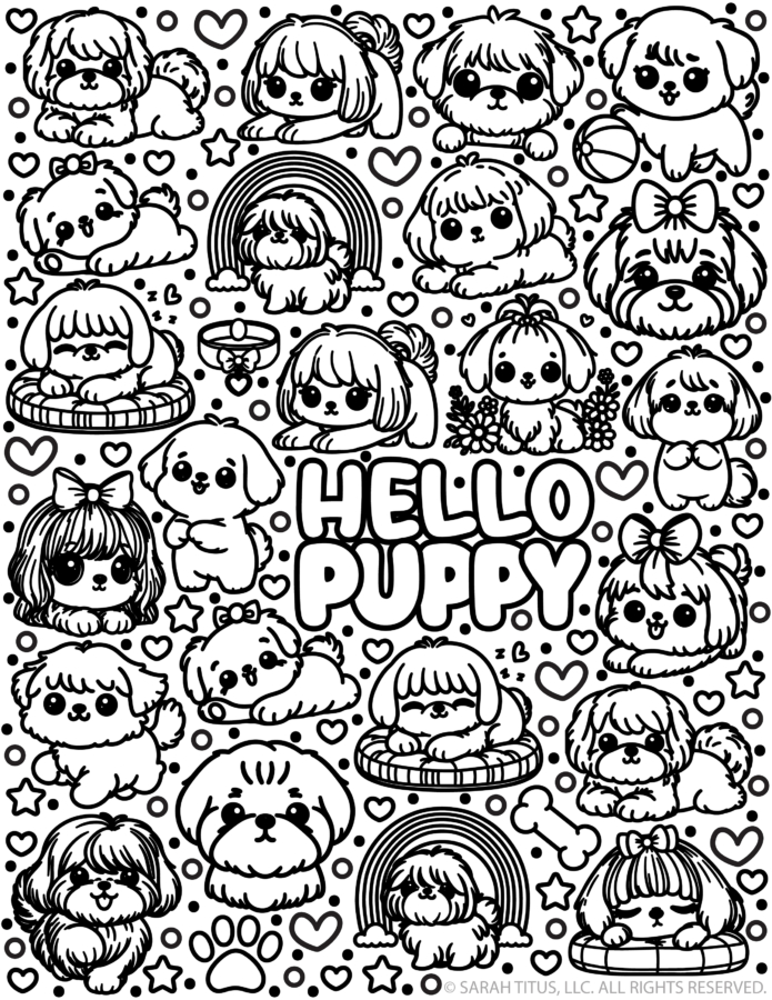 Free printable Hello Puppy coloring page with cute kawaii dogs, bows, hearts, rainbows, stars, flowers, pet beds, a ball, bone, and puppy doodles.