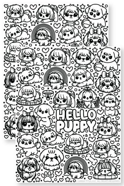 Hello Puppy Coloring Page features a black and white collection of adorable doodle-style puppies surrounded by rainbows, hearts, stars, bones, paw prints, a beach ball, and a dog bed with the text HELLO PUPPY in bubble letters in the center.