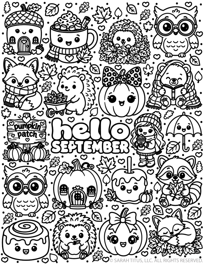 Black and white illustration featuring cozy autumn elements like pumpkins woodland animals a girl in a sweater and the text hello SEPTEMBER.