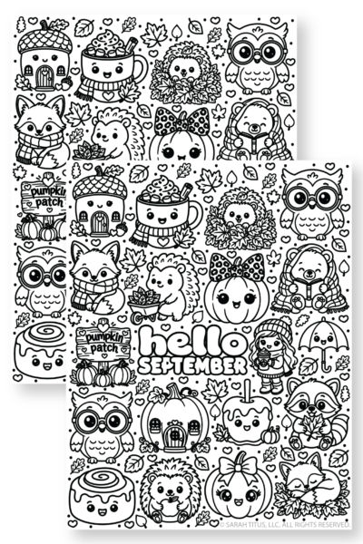 Two overlapping Hello September coloring pages featuring cute fall animals, pumpkins, cozy treats, autumn leaves, and kawaii September doodles.
