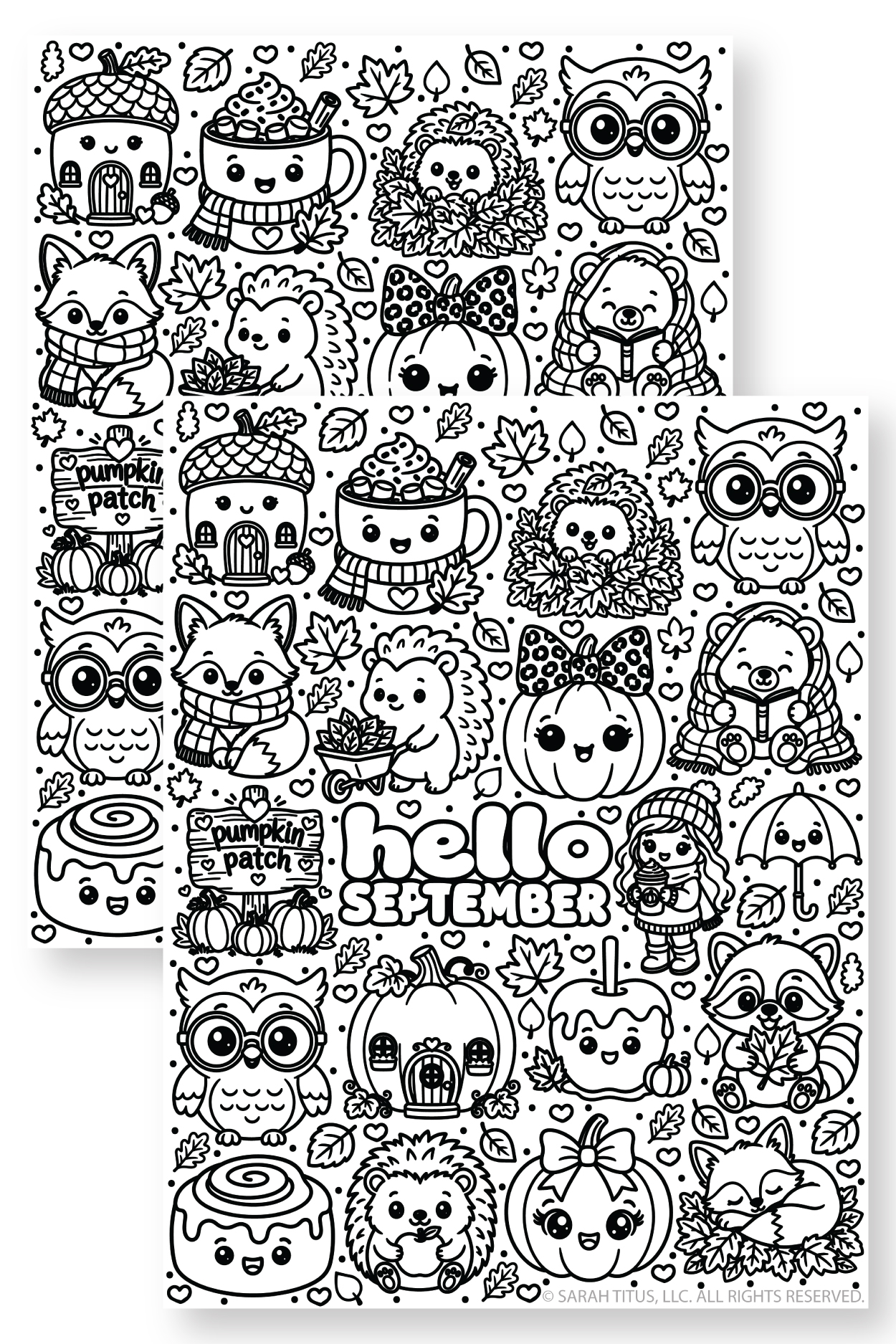 Two overlapping Hello September coloring pages featuring cute fall animals, pumpkins, cozy treats, autumn leaves, and kawaii September doodles.