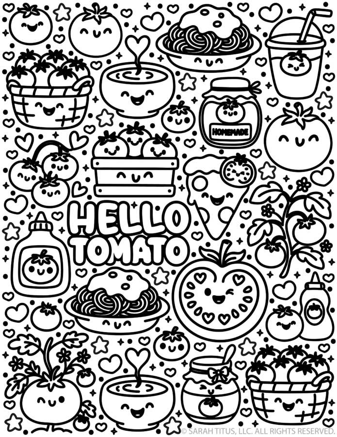 Kawaii Hello Tomato coloring page with smiling tomatoes, tomato baskets, soup, pasta, pizza, juice, sauce, and garden plants.