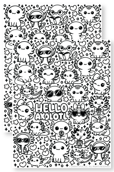Kawaii Axolotl Coloring Sheet Free Printable.jpg shows two stacked black and white doodle style coloring pages featuring cute axolotls wearing accessories like bows glasses and hoodies amidst stars and hearts.