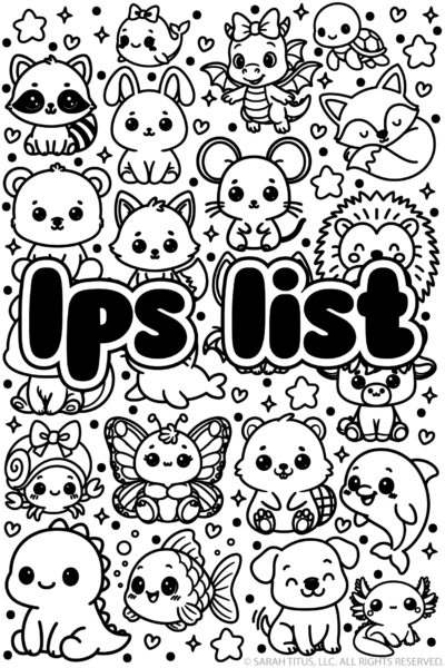 Black and white printable filled with tiny cute animals like a dinosaur and bear surrounding large bubble text that says LPS list.
