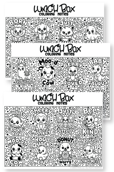 24 free printable lunch box notes to color with kawaii animals and cute encouraging school lunch messages, for your husband, or your boyfriend