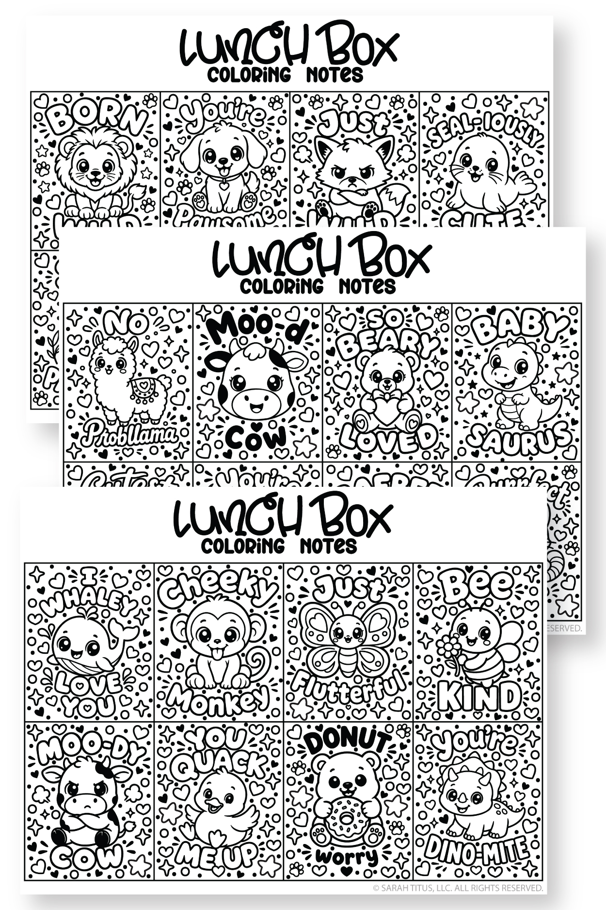 24 free printable lunch box notes to color with kawaii animals and cute encouraging school lunch messages, for your husband, or your boyfriend