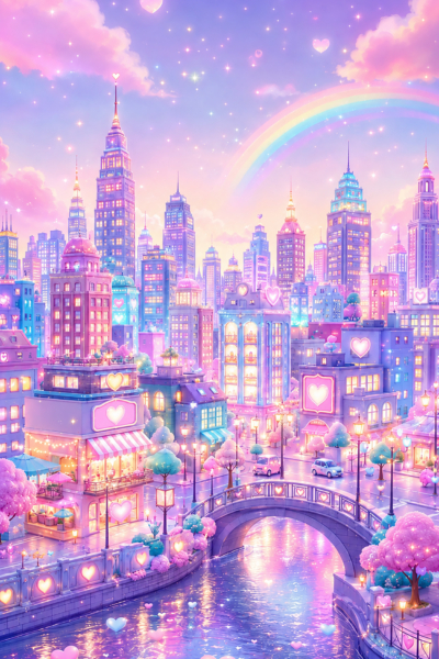 A whimsical pastel city at sunset featuring pink and purple skyscrapers glowing heart signs a rainbow a starry sky a stone bridge over a sparkling river and pink blossom trees.
