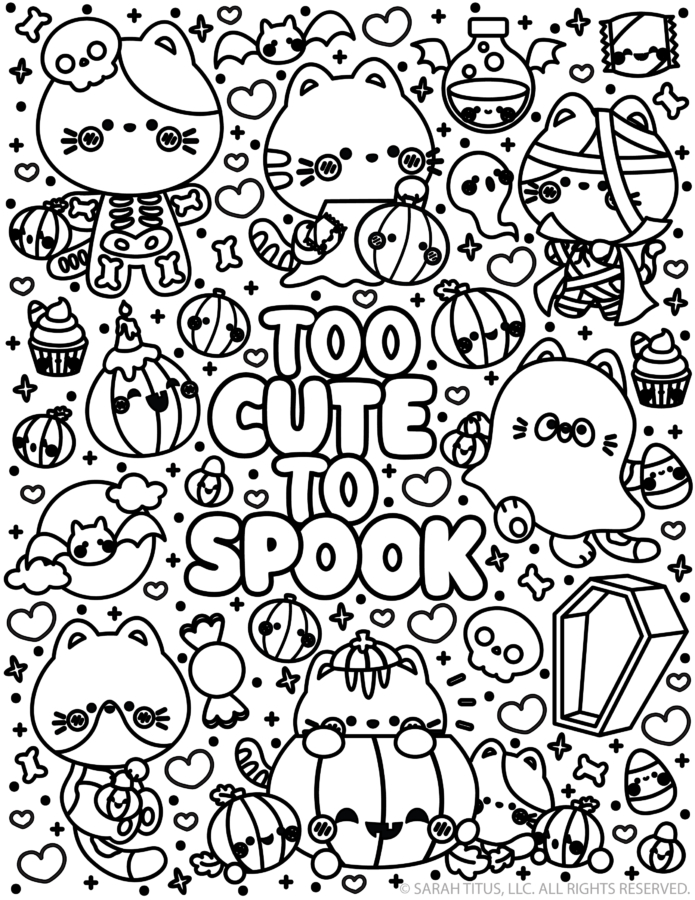 Black and white line art coloring page filled with cute cats in Halloween costumes including a skeleton mummy and ghost surrounding the words TOO CUTE TO SPOOK with scattered candy bats skulls and carved pumpkins