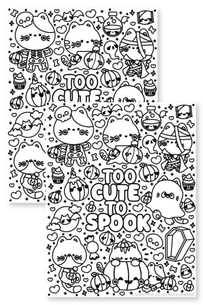Two overlapping black and white coloring pages featuring cute kittens in Halloween costumes alongside pumpkins, bats, ghosts, and the words TOO CUTE TO SPOOK.