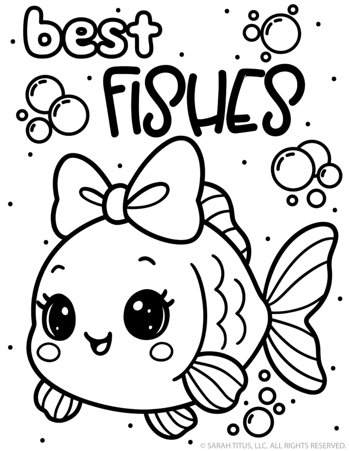 Cute fish coloring page with big bow, striped fins, bubbles, and Best Fishes pun lettering