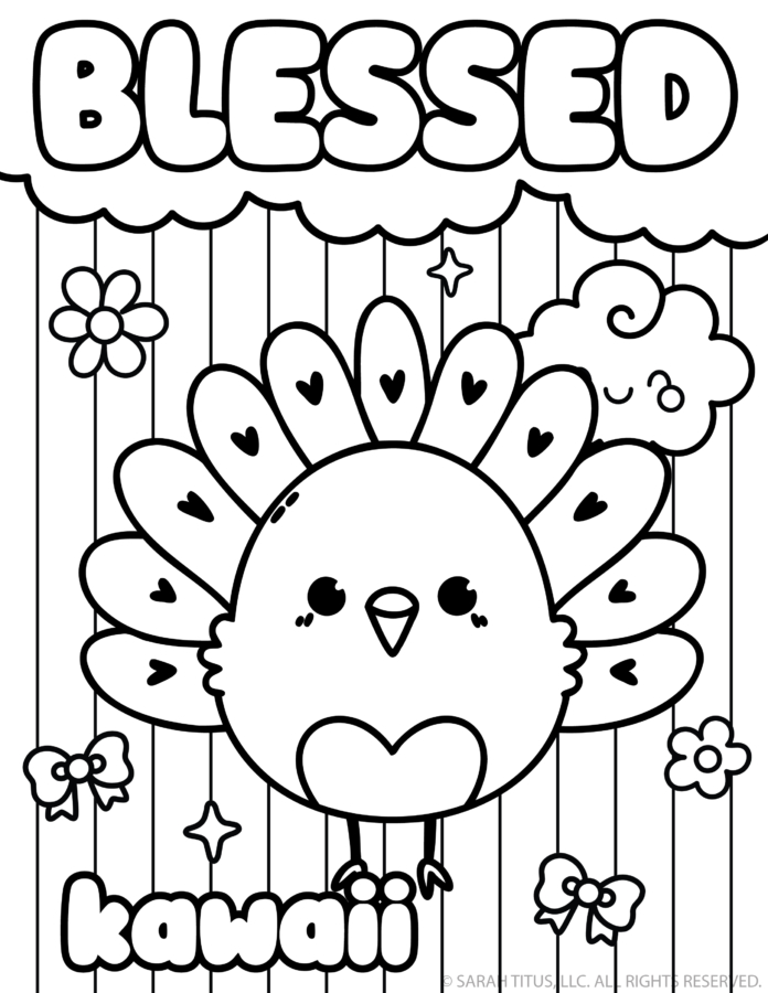 Cute turkey coloring page with heart-patterned feathers, flowers, bows, and Blessed kawaii lettering
