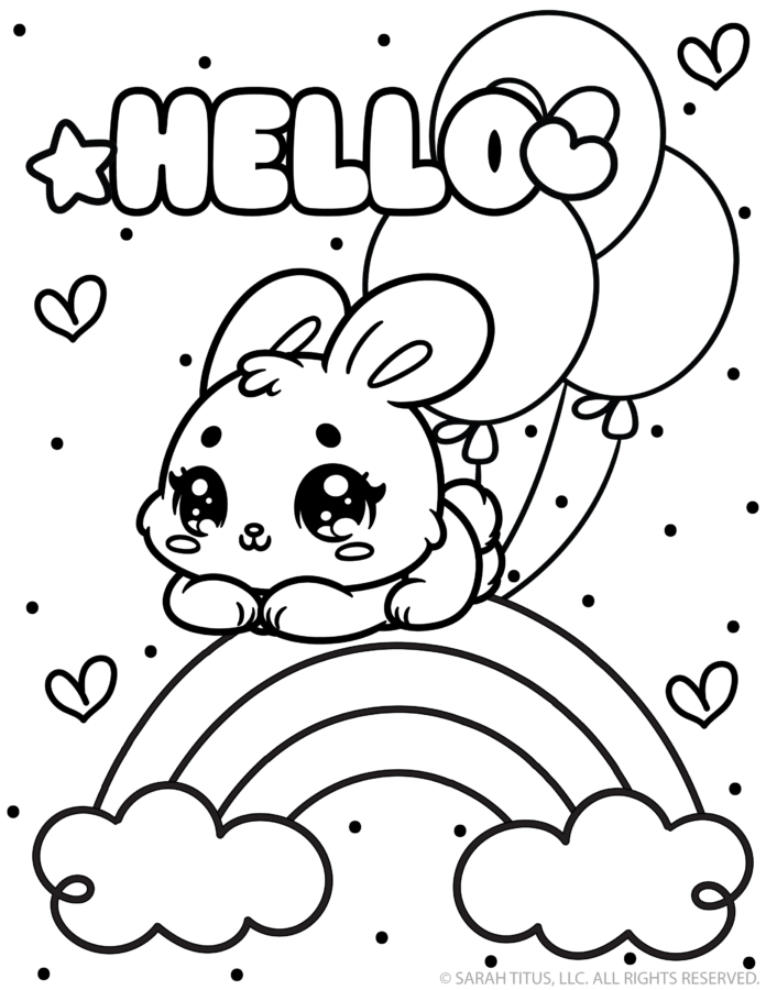 Cute baby bunny coloring page sitting on a rainbow with heart balloons, clouds, hearts, and Hello lettering