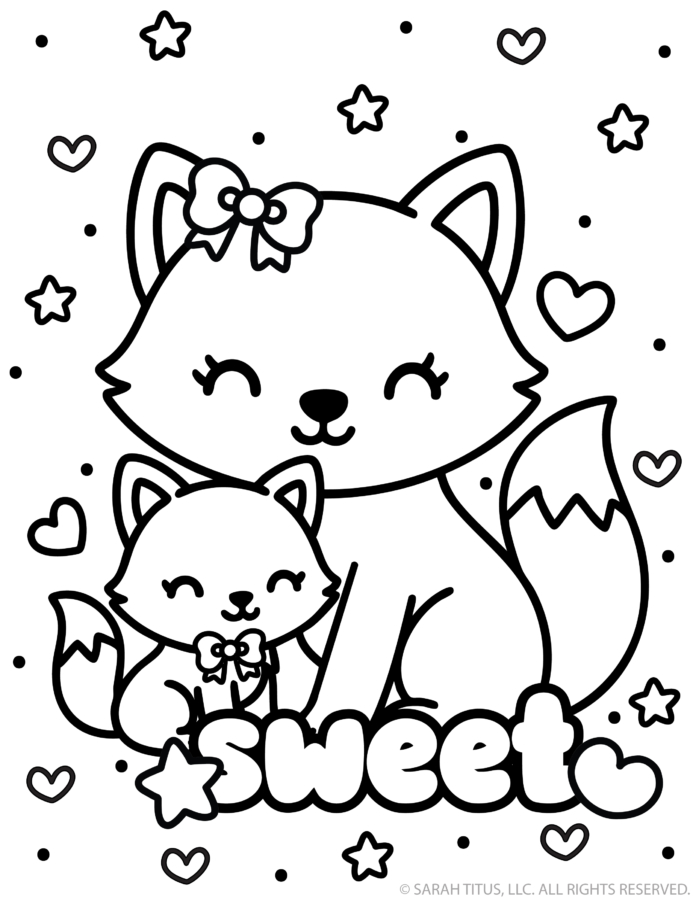 Cute fox coloring page with mama fox and baby fox, bows, hearts, stars, fluffy tails, and Sweet lettering