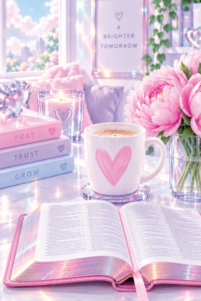 An open Bible with pink edges on a sparkling marble table next to a white coffee mug with a pink heart, stacked pastel books reading PRAY, TRUST, and GROW, a crystal heart, a lit candle, and a vase of lush pink peonies.