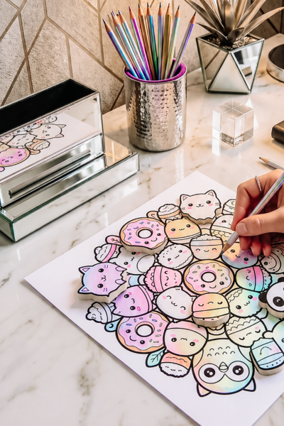 A hand coloring a cute kawaii animal printable on a white marble desk with a silver pencil holder and mirrored glass box.