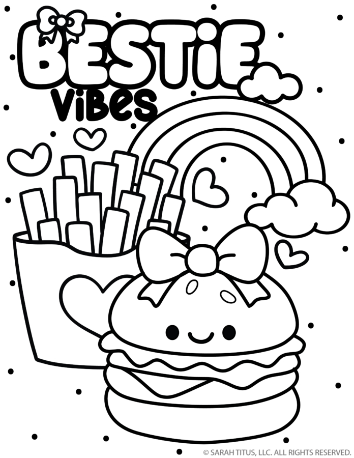 Cute food coloring page featuring a kawaii hamburger with a bow, French fries, rainbow, hearts, clouds, and fun Bestie Vibes lettering.