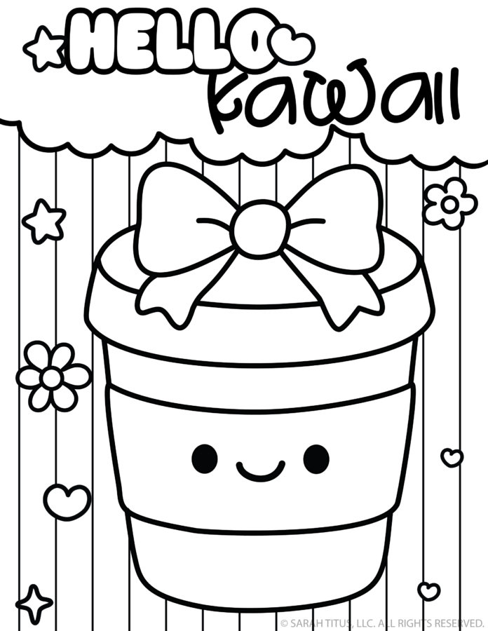 Free food coloring book page featuring a cute kawaii smiling coffee cup with a large bow, hearts, flowers, stars, and Hello Kawaii lettering.