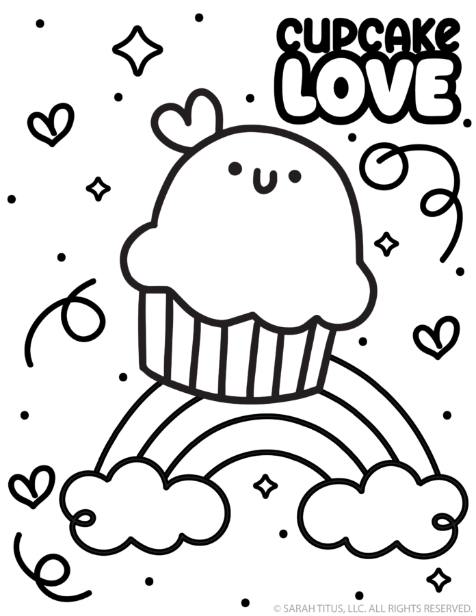 Free cupcake coloring page featuring a cute kawaii smiling cupcake over a rainbow with clouds, hearts, sparkles, and Cupcake Love lettering.
