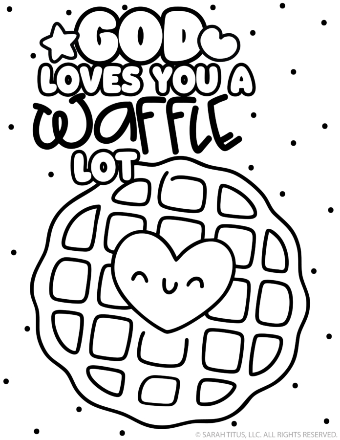 Free waffle coloring page featuring a cute kawaii smiling waffle with a heart and the Christian phrase God Loves You a Waffle Lot.