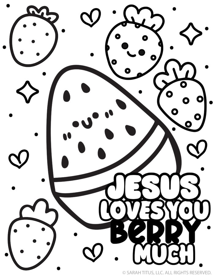 Free fruit coloring page featuring a cute kawaii smiling watermelon slice, strawberries, hearts, sparkles, and Jesus Loves You Berry Much lettering.