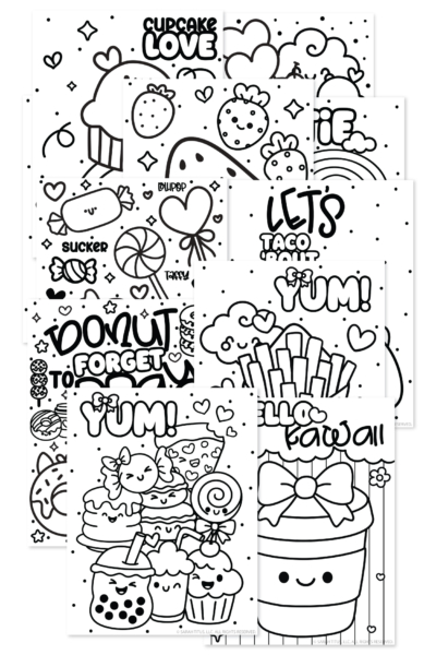 Free printable kawaii food coloring pages featuring sweet treats, cupcakes, donuts, candy, boba drinks, and cute to-go cups.
