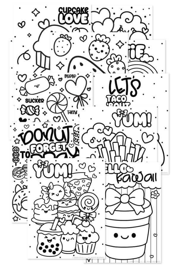 Free printable kawaii food coloring pages featuring sweet treats, cupcakes, donuts, candy, boba drinks, and cute to-go cups.