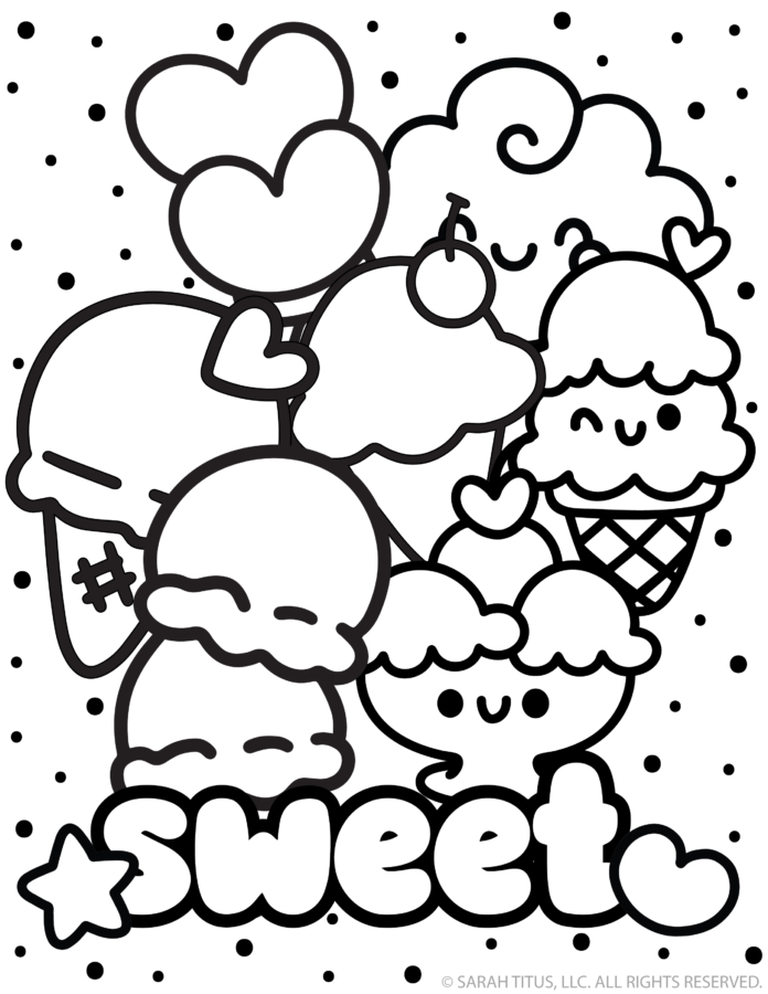Free dessert coloring page featuring cute kawaii ice cream cones, popsicles, pie, frozen treats, hearts, and large Sweet lettering.