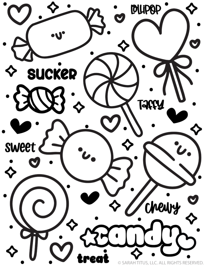 Free candy coloring page filled with cute kawaii lollipops, suckers, taffy, wrapped candy, hearts, stars, and sweet treat words to color.