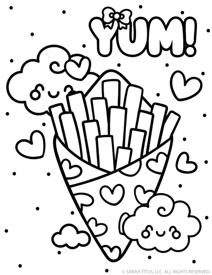 Free food coloring book page featuring cute kawaii French fries in a heart-covered carton with smiling faces, hearts, and bold Yum lettering.