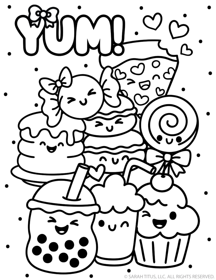 Free kawaii food coloring page featuring pancakes, candy, a lollipop, boba tea, dessert drinks, a cupcake, hearts, and Yum lettering.