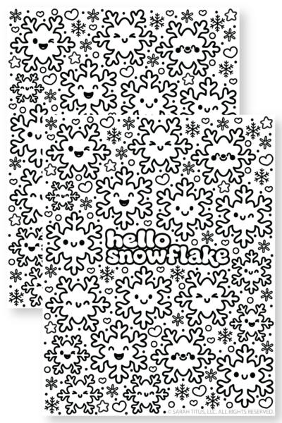 Hello Snowflake Coloring Page featuring a black and white design filled with various smiling faces stars hearts and bubble letters