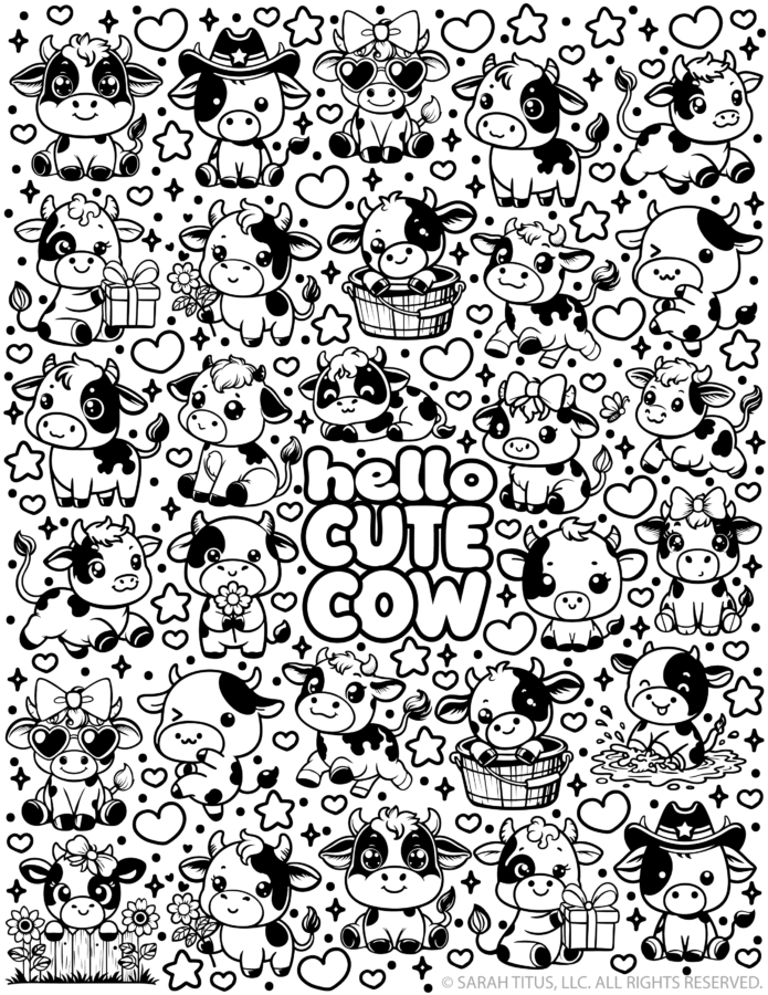 Free printable cute cow coloring page featuring kawaii black-and-white cow doodles wearing bows, heart sunglasses and a cowboy hat, plus cows with flowers, gifts, baskets, hearts and stars surrounding Hello Cute Cow bubble lettering.