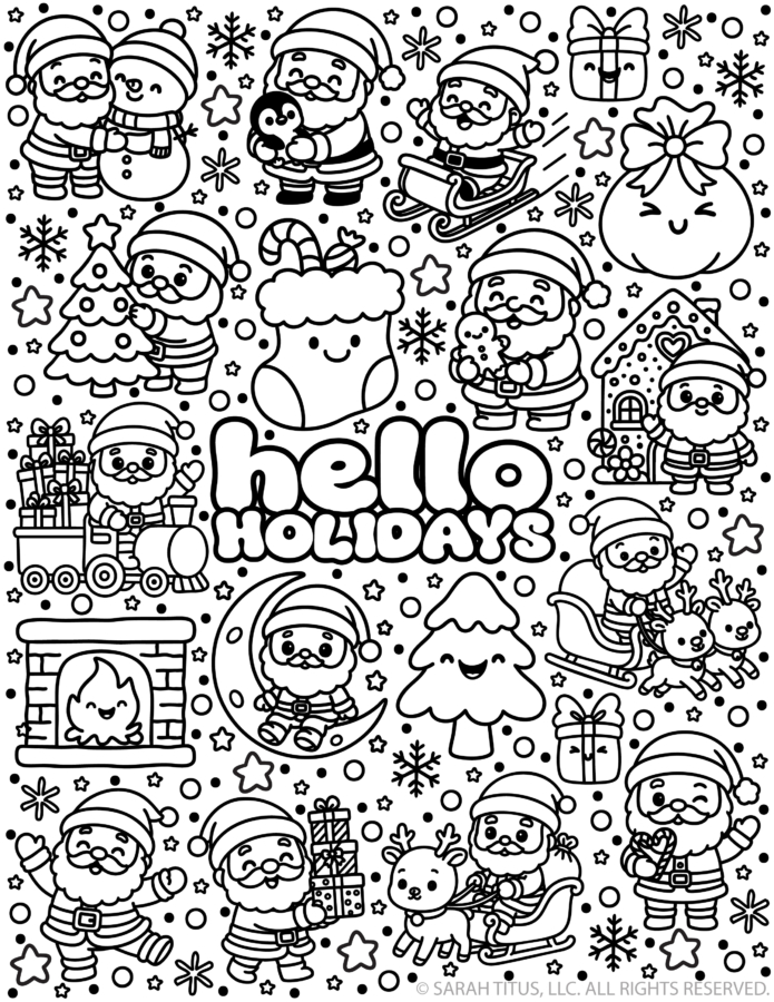 Free printable Hello Holidays coloring page with cute kawaii Santa, reindeer, snowman, Christmas tree, presents, gingerbread house, and holiday doodles